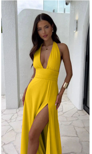 Sexy Halterneck V-neck Slit Dress Summer Backless Strappy Skirt Fashion Temperament Clothing Women Overview: Unique design, stylish and beautiful. Good material, comfortable wear. A variety of colors, any choice. Product information: Waist type: high wais