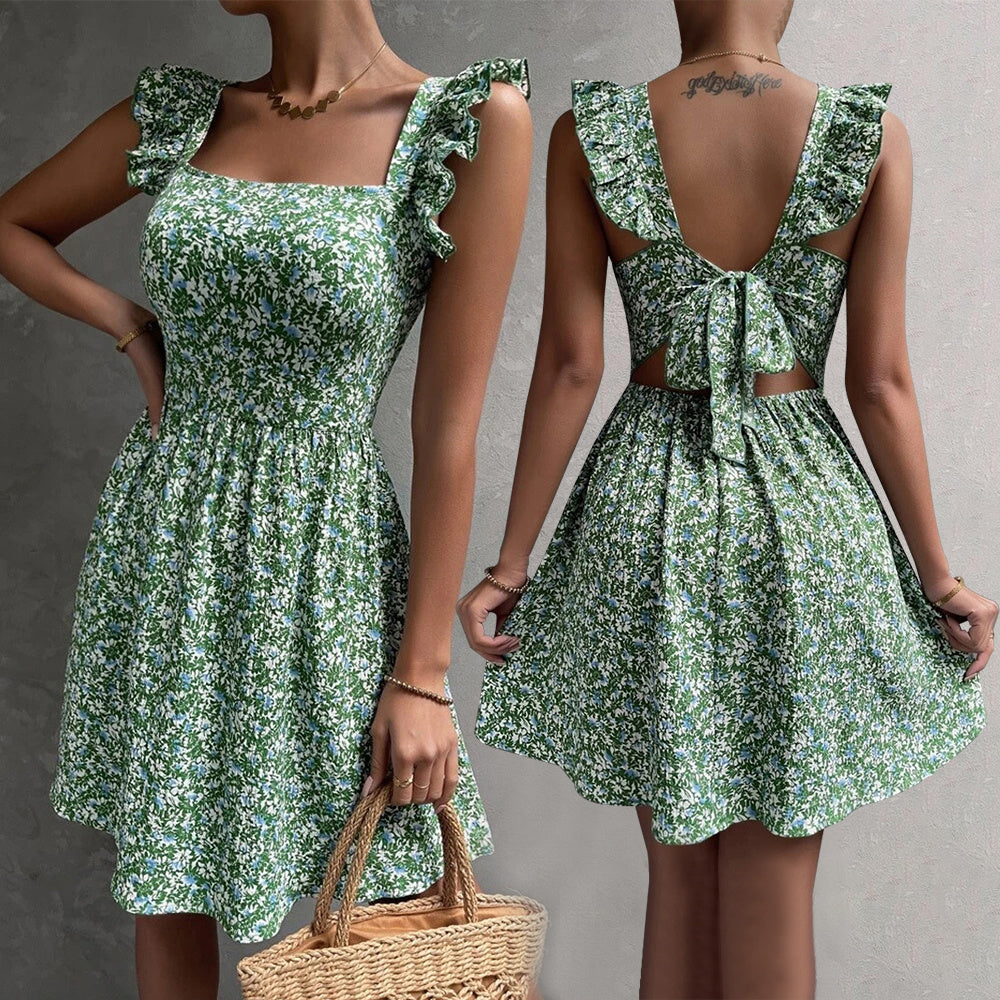 Summer Square-neck Ruffled Sleeveless Dress With Bow-tie Backless Design Fashion Casual Holiday Beach Dresses For Womens Clothing Product information: Material:Polyester fiber Style:Fashion Simple Features:Solid color Color:picture color Size Information: