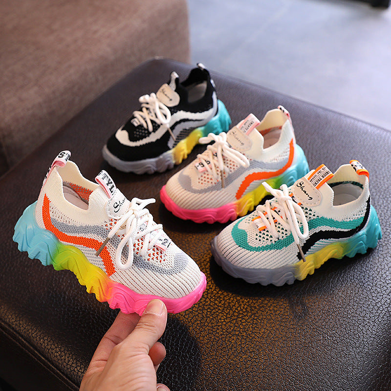 Striped Flying Woven Sneakers Small And Medium Children's Shoes Overview: Unique design, stylish and beautiful. Good material, comfortable feet. A variety of colors, any choice. Specification: Upper material: fabric Function: non-slip suitable season: spr
