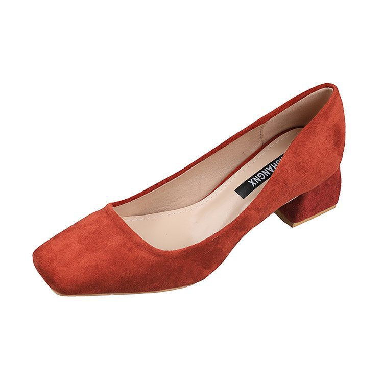High Heels Women's Shoes Spring Square Toe Shallow Product information: Popular elements: Asakuchi Toe shape: square toe Upper material: suede Style: Korean Applicable gender: female Heel height: middle heel (3-5CM) Pattern: plain Color: red, black, beige