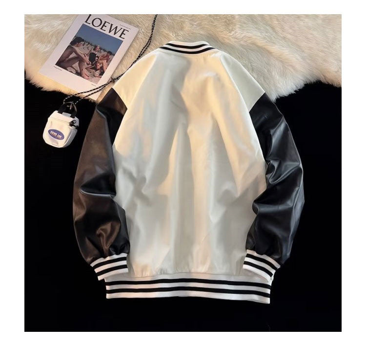 Autumn And Winter Patchwork PU Leather Jacket With Men's Hong Kong Style Casual Embroidery Jacket Product information: Material:PU Style:leisure time Features:Embroidery Colour:Black, white Size Information: Size: M/L/XL/XXL Packing list: Jacket * 1 Produ