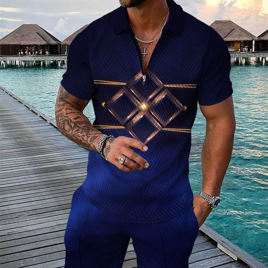 Men's Summer Fashion 3D Printed Short Sleeve Geometric Zip Lapel Shirt Set Product information: Material:Polyester Fiber (Polyester) Style:hip hop Features:printing Colour: Royal blue Size Information: Size: S/M/L/XL/XXL/3XL/4XL/5XL Note: 1. Asian sizes a