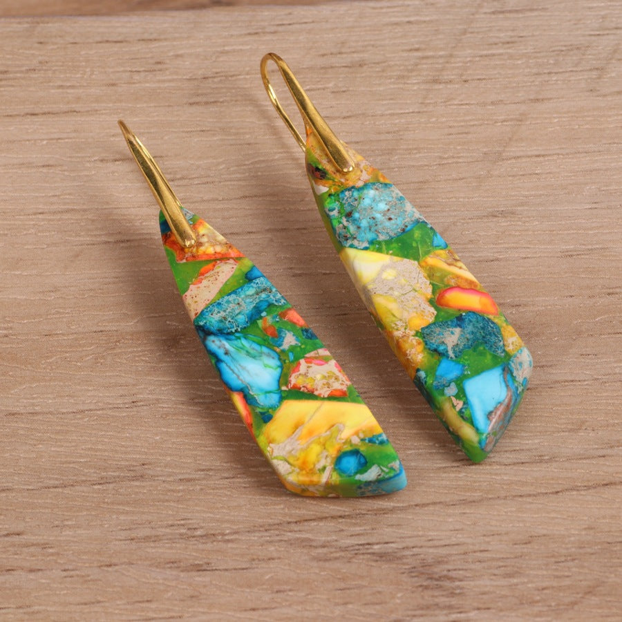 Geometric Flower Shape Pendant Earrings Product information: Color: gold ear hook red, gold ear hook green, gold ear hook blue Material: Copper Popular elements: None Style: Natural Packing list: Earrings X1PAIR Product Image: Geometric Flower Shape Penda