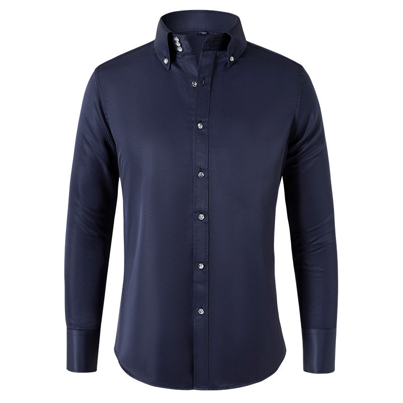 Business Casual French Style Crystal Buckle Men's Niche Shirt Long Sleeve Product information: Pattern: solid color Color: white black button 2010, white, white buckle 2181, black white buckle 2187, black black button 2182, red and black button 2012, navy