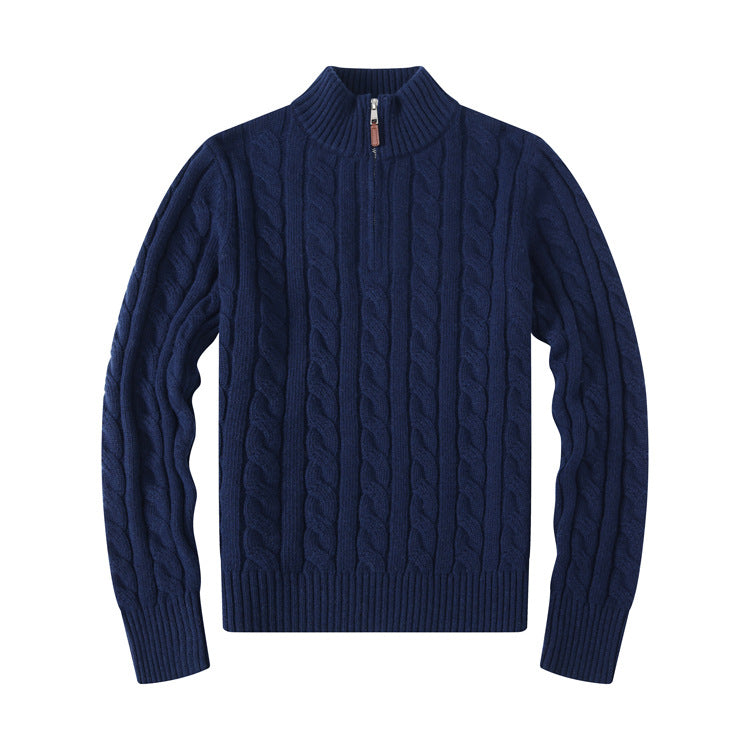 Men's Wool Casual Sweater A men's wool casual sweater, possibly featuring a small pony pull and a half-zip design. Here are some key points based on your description:Material: WoolThe sweater is made of wool, which is known for its warmth and comfort.Styl