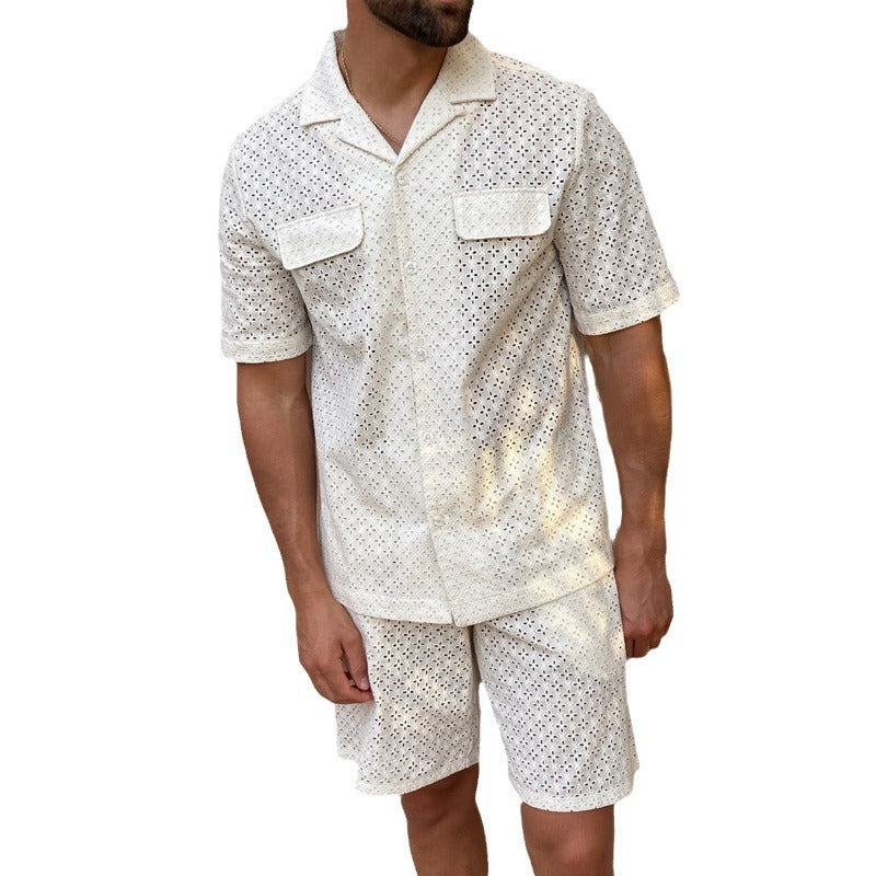 Shirt Shorts Two-piece Set Men's Suit Product information: Color: White Top sleeve length: short sleeve Pants length: Shorts Size: S,M,L,XL,XXL,XXXL Main fabric composition: Polyester Fiber (polyester) Size Information: Note: 1. Asian sizes are 1 to 2 siz