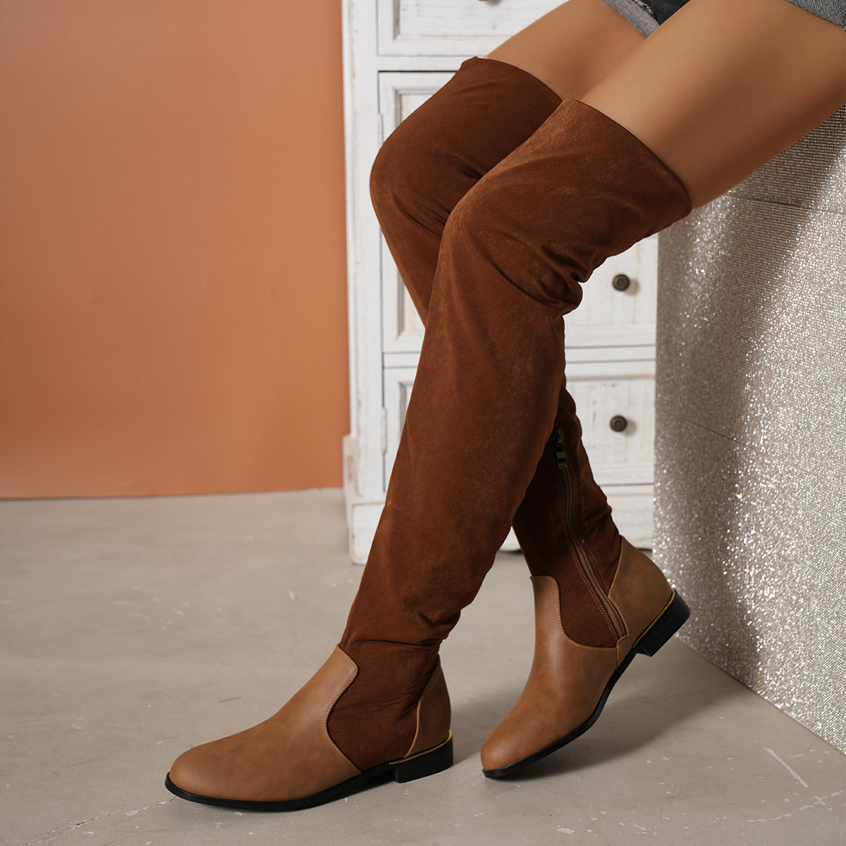 Fashion Over-the-knee Boots For Women Suede Stitching Low-heeled Long Boots With Side Zipper Design Party Shoes Winter Product information: Upper material: super fiber Sole Material: Rubber Toe shape: round toe Heel shape: thick heel Insole material: natu