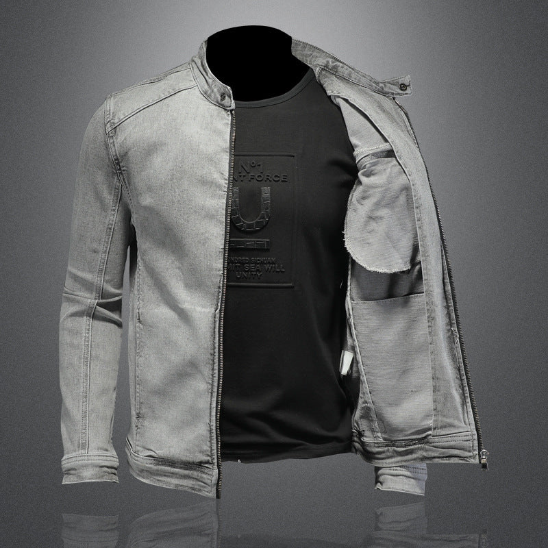 High Quality Stretch Zipper Denim Jacket Men Product information: Pattern: solid color Pocket Style: side seam sidekick Color: light gray Suitable for people: Youth Size: M,L,XL,XXL,XXL,XXXXL Applicable scenarios: Leisure Main fabric composition: Cotton A