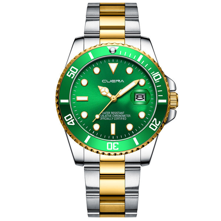Quartz Watch Steel Band Calendar Fashion Product information : Waterproof: Yes. Waterproof performance: 30M Type of movement: Shi Ying Mirror material: ordinary glass mirror Color: black gold face, blue gold face, green gold face, black silver face, blue