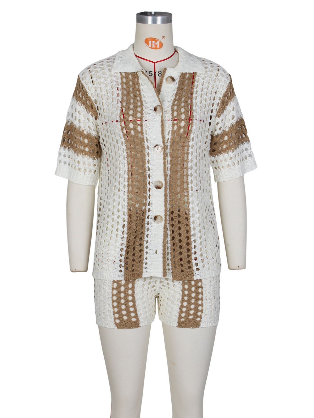 Women's Hollowed Out Perspective Lapel Knitted Shorts Set Product information: Fabric name: Acrylic fiber Main fabric composition: acrylic fiber Main Fabric Component 2: Acrylic Color: black, khaki, rose Size Information: Size: S/M/L/XL Note: 1. Asian siz