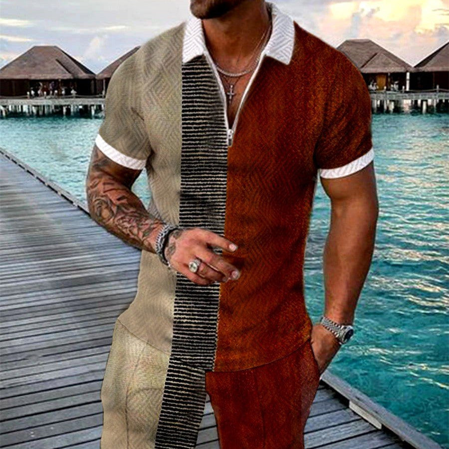 Men's Summer Fashion 3D Printed Short Sleeve Geometric Zip Lapel Shirt Set Product information: Material:Polyester Fiber (Polyester) Style:hip hop Features:printing Colour: Photo Color Size Information: Size: S/M/L/XL/XXL/3XL/4XL/5XL Note: 1. Asian sizes