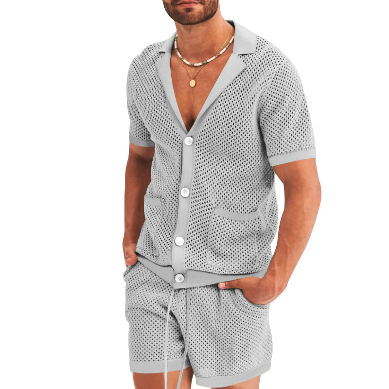 Men's Fashion Casual Hollow Short-sleeved Shorts Set