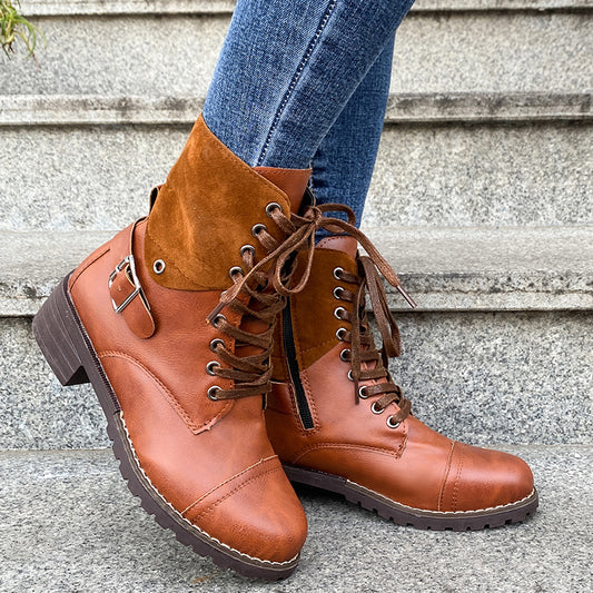 Lace-up Boots Winter Buckle Cowboy Boots Women Low Heel Shoes