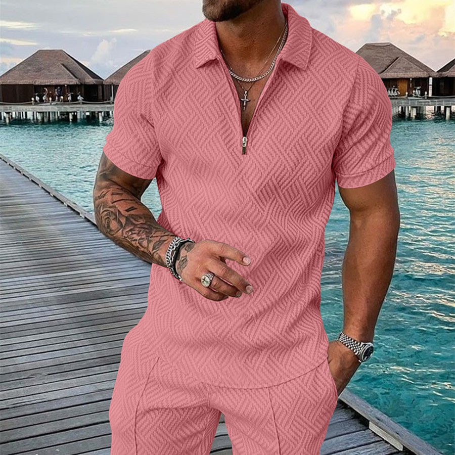 Men's Summer Fashion 3D Printed Short Sleeve Geometric Zip Lapel Shirt Set