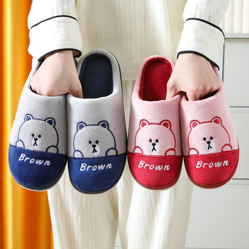 Cute Bears Slippers Warm Winter House Shoes For Women Couple Indoor Floor Bedroom Solid Color Non-slip Soft Plush Slippers