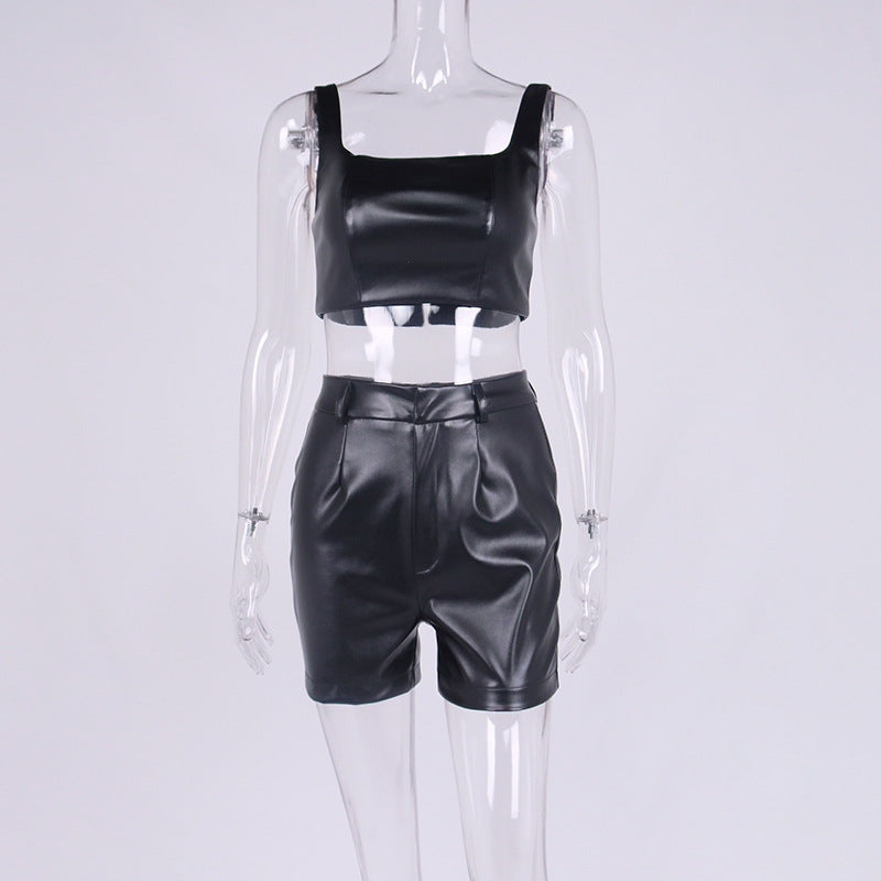 Crop Vest Shorts Leather Jacket Leather Pants Two-piece Set