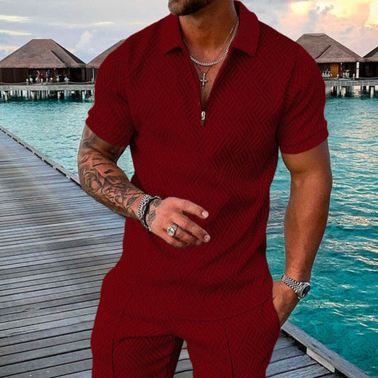 Men's Summer Fashion 3D Printed Short Sleeve Geometric Zip Lapel Shirt Set