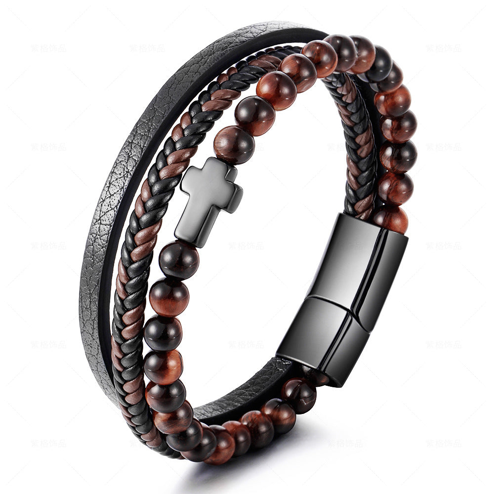 Pulsera cruzada de acero inoxidable multicapa para hombre