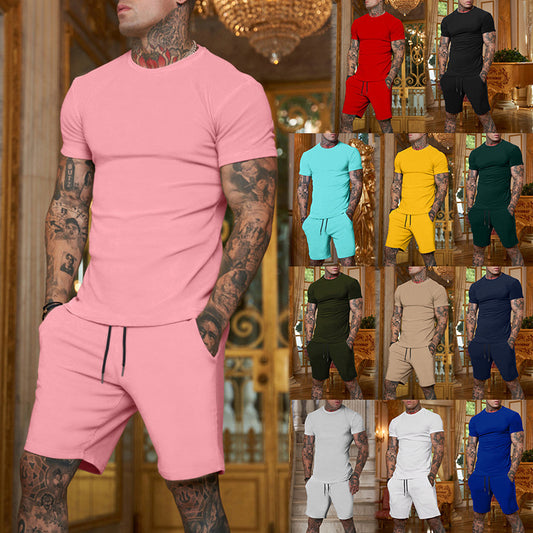 Men's Fashion Solid Color Short Sleeve Shorts Set