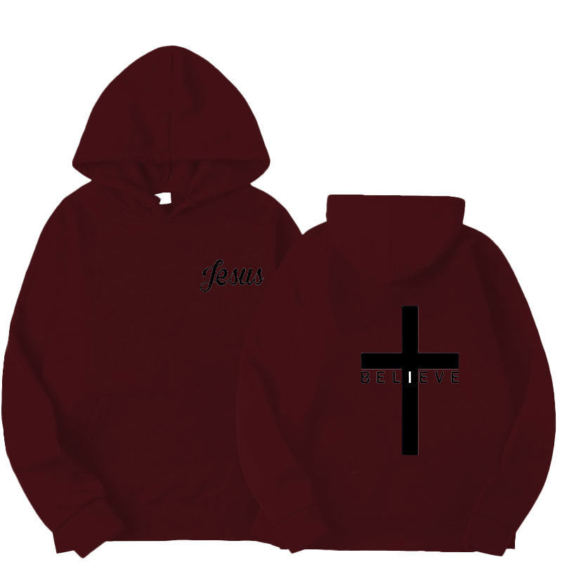 Believe Cross Printed Hoodie Men's Pattern Drawstring