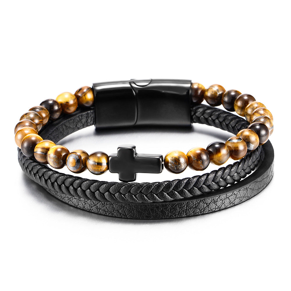 Pulsera cruzada de acero inoxidable multicapa para hombre