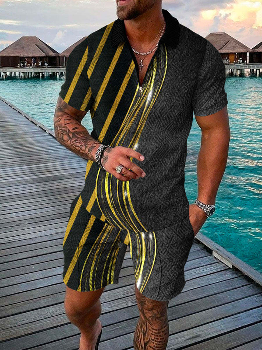 Men's Summer Fashion 3D Printed Short Sleeve Geometric Zip Lapel Shirt Set