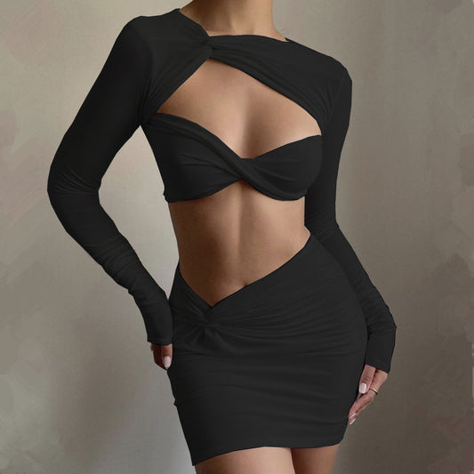 Sexy Midriff Long-sleeved Skirt Two-piece Spice Outfit