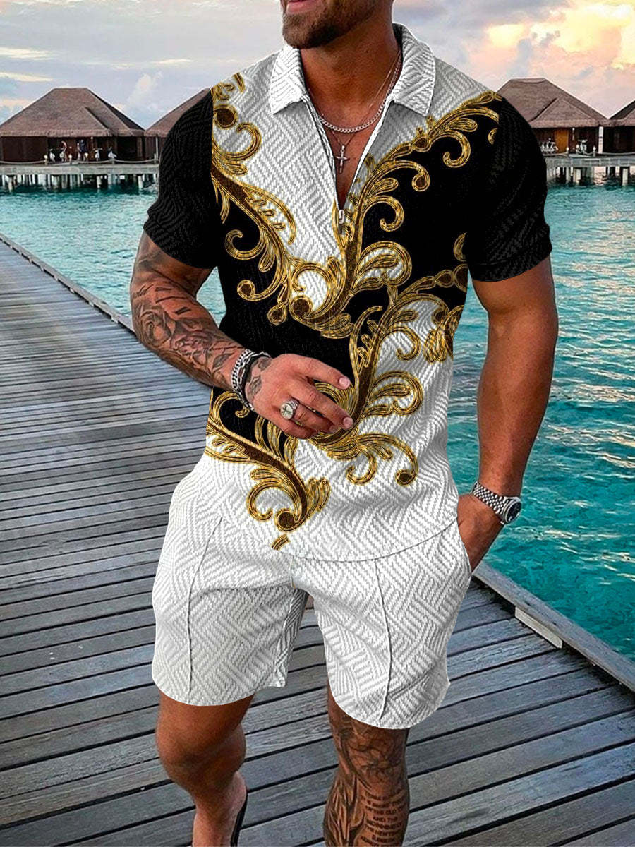 Men's Summer Fashion 3D Printed Short Sleeve Geometric Zip Lapel Shirt Set