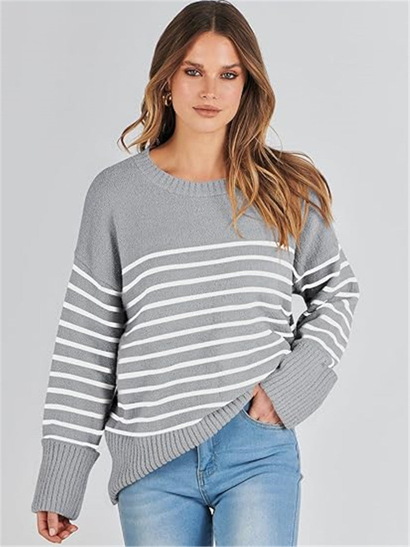 Women's Round-neck Long Sleeve Oversized Plush Knitted Thick Thermal Head Cover Striped Sweater