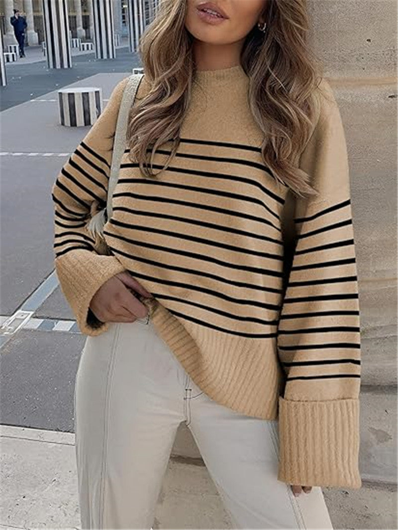 Women's Round-neck Long Sleeve Oversized Plush Knitted Thick Thermal Head Cover Striped Sweater