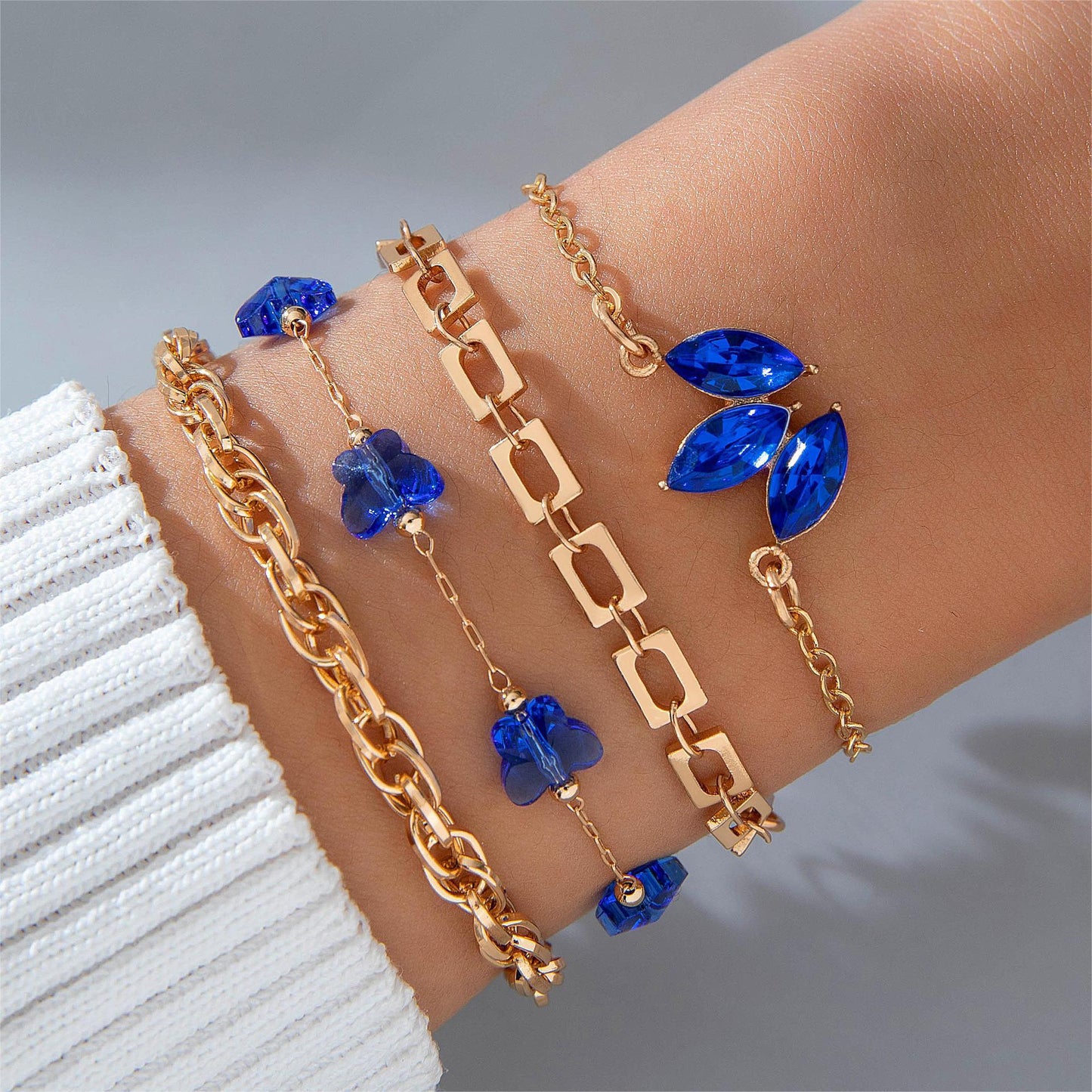 4pcs Blue Flower Love Butterfly Bracelet Set With Rhinestones Design Valentines Day