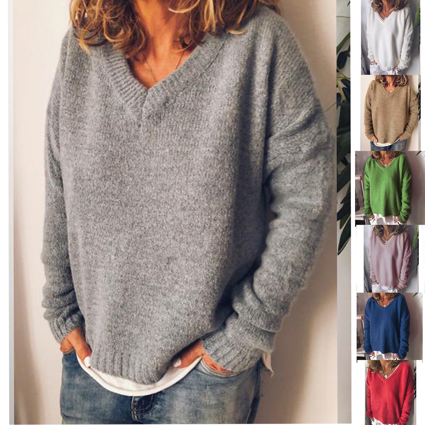 Pure color simple woven V-neck pullover sweater