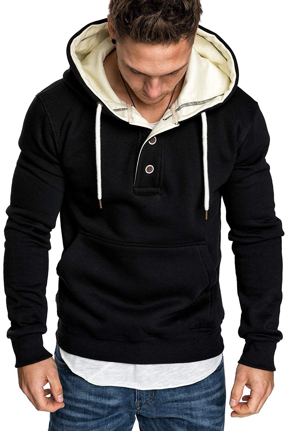 Button-trimmed hooded fleece sweatshirt