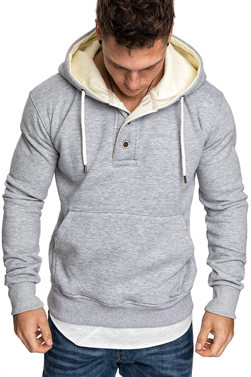 Button-trimmed hooded fleece sweatshirt