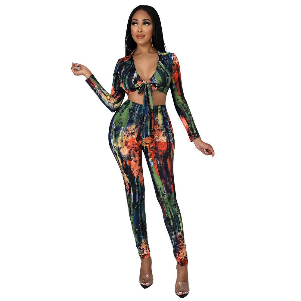 Sexy Tight-Fitting Printed Lace-Up Two-Piece Long-Sleeved Suit