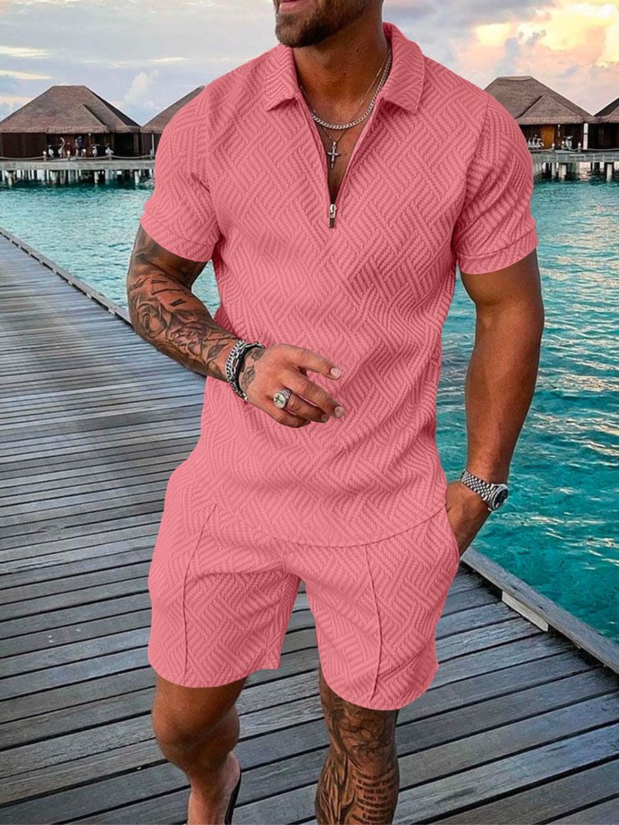 Men's Summer Fashion 3D Printed Short Sleeve Geometric Zip Lapel Shirt Set