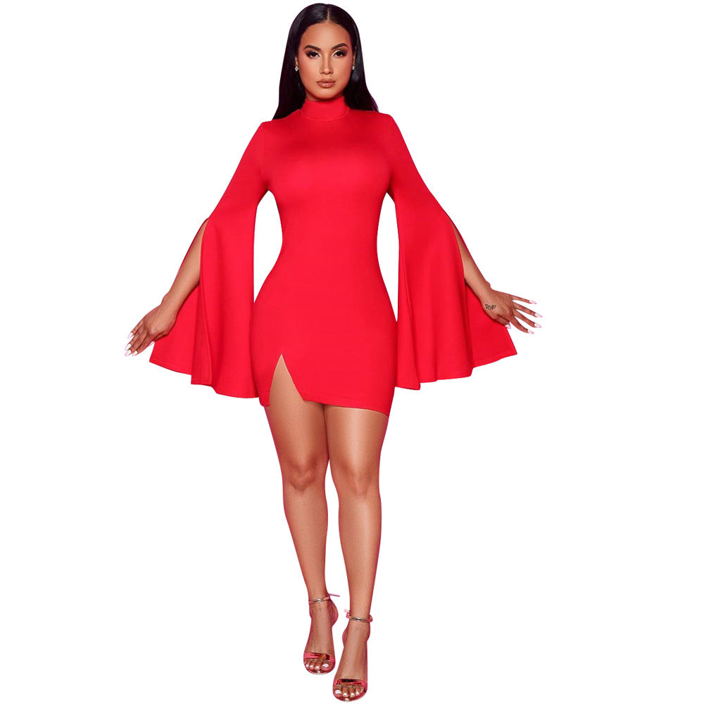 Women's Pure Color Split Flared Long Sleeve Dress