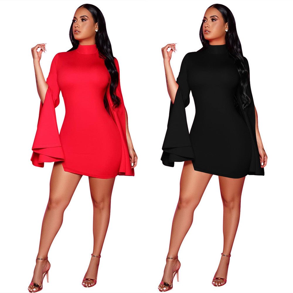 Women's Pure Color Split Flared Long Sleeve Dress