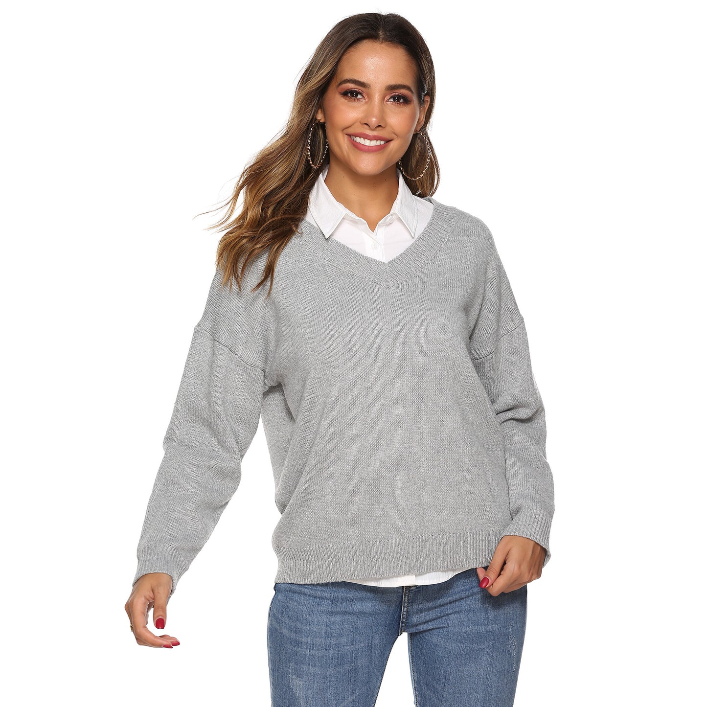 Pure color simple woven V-neck pullover sweater