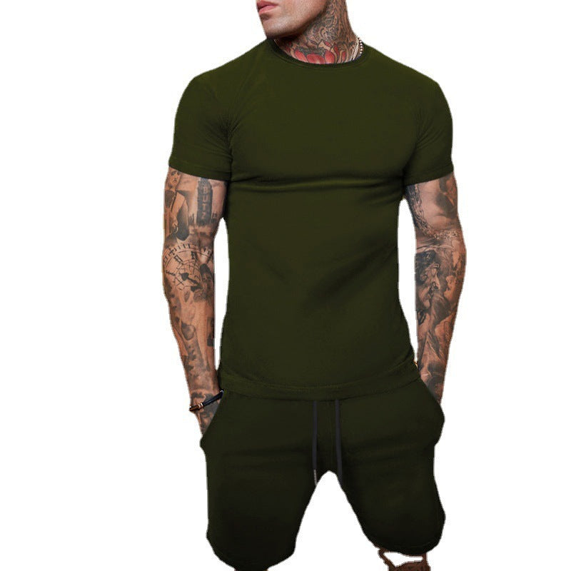 Men's Fashion Solid Color Short Sleeve Shorts Set