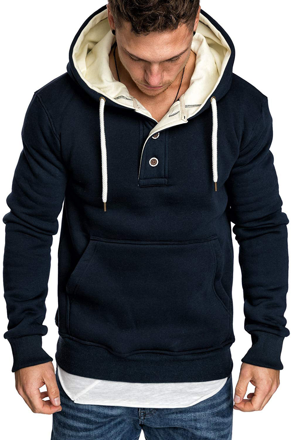 Button-trimmed hooded fleece sweatshirt