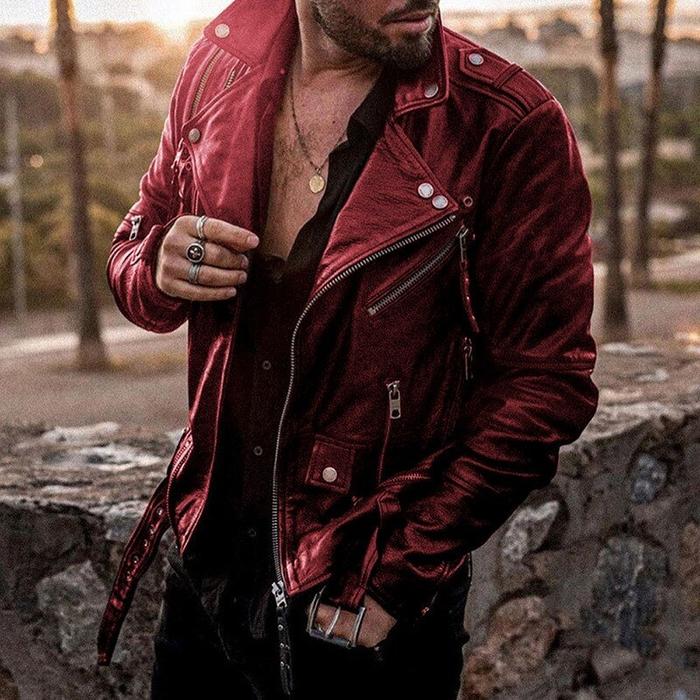 Straight hem casual zipper handsome lapel leather jacket