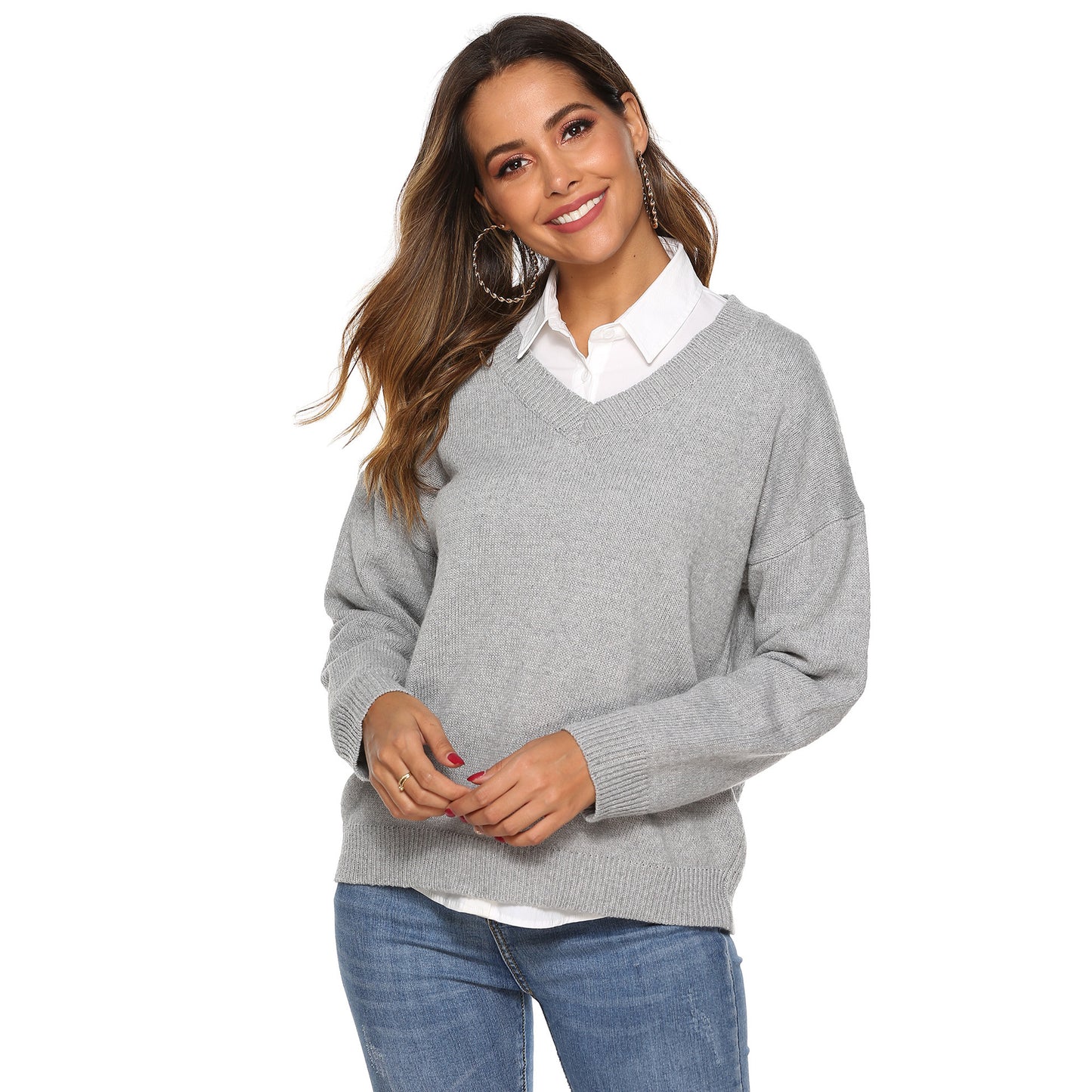 Pure color simple woven V-neck pullover sweater