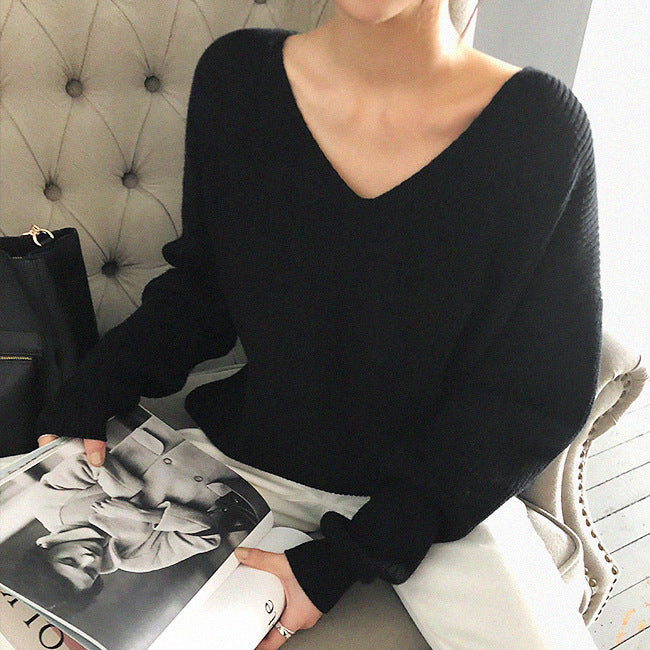 Sweater Black Loose V Neck Sweater Pullover