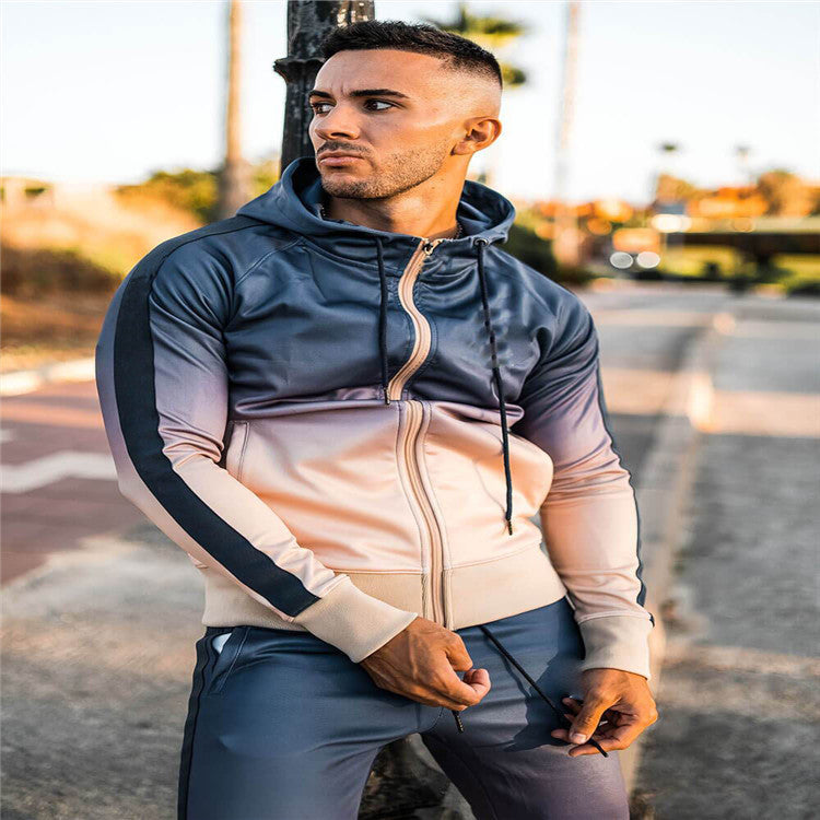 Sports Fitness Men's Cardigan Elastic Hooded Gradient Suit