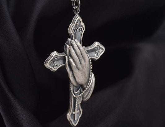 Vintage Silver Metallic Cross Pendant Necklace Men Women's Classic Hand Set Prayer Necklace Jewelry