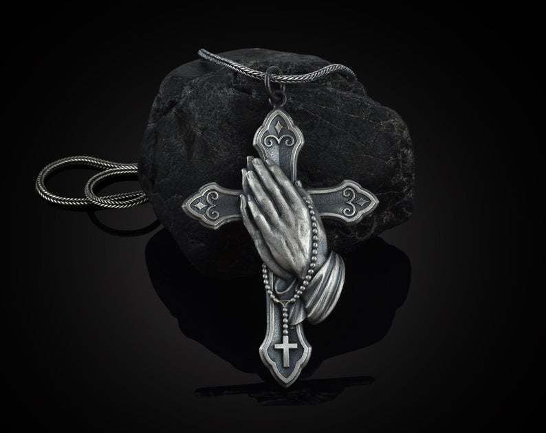 Vintage Silver Metallic Cross Pendant Necklace Men Women's Classic Hand Set Prayer Necklace Jewelry