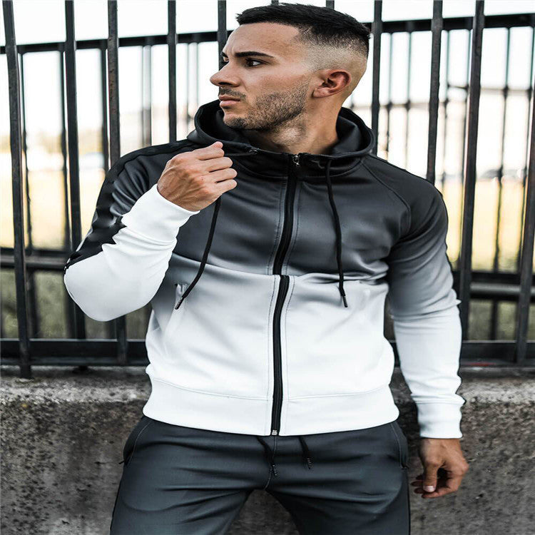 Sports Fitness Men's Cardigan Elastic Hooded Gradient Suit