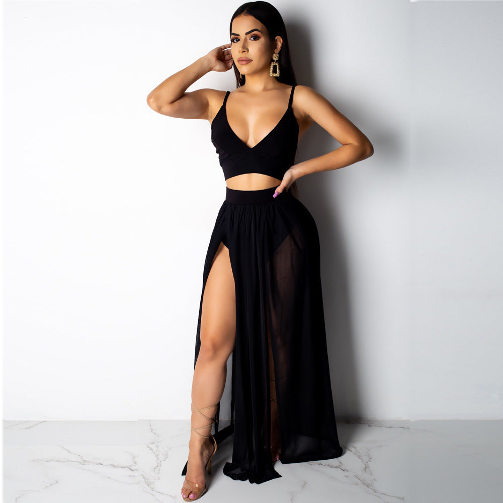 Summer Women's Split Sexy Camisole Solid Color Dress Two-piece Suit