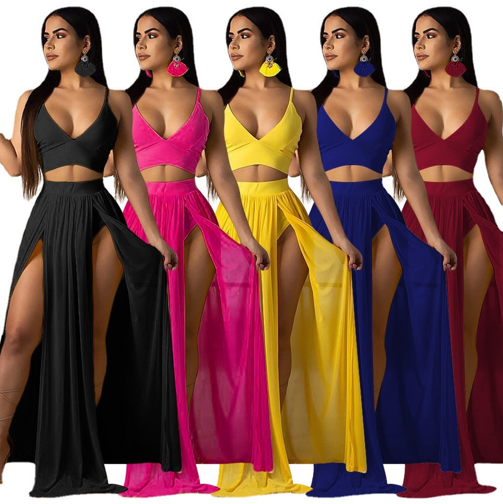 Summer Women's Split Sexy Camisole Solid Color Dress Two-piece Suit